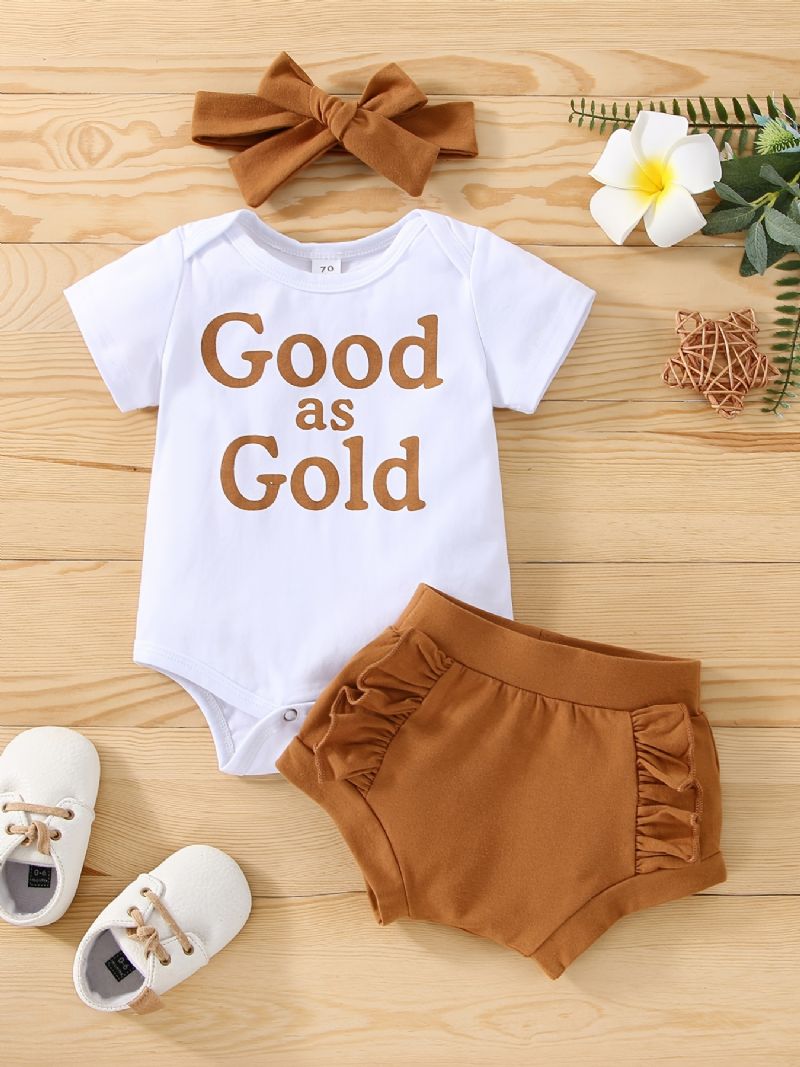 2stk Newborn Baby Letter Print Kortermet Rulle & Ruffle Shorts & Sløyfe Pannebåndsett For Jenter