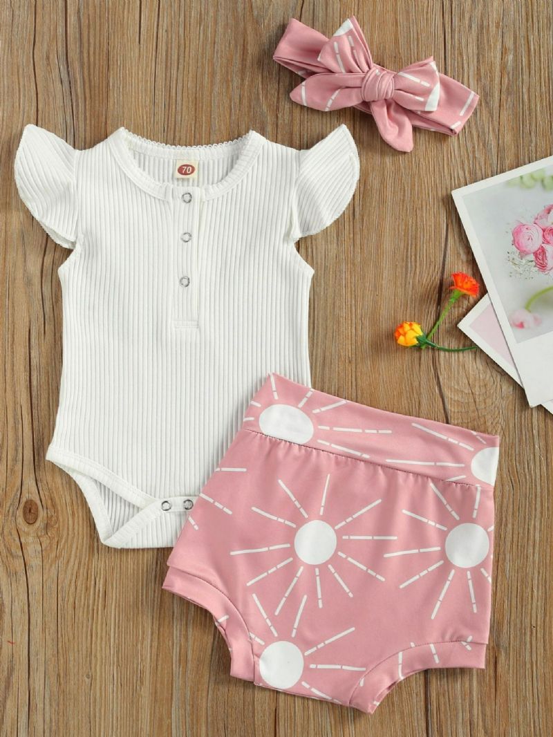 3 Stk Sløyfe Jentebaby Kortermet Romper & Sun Print Shorts