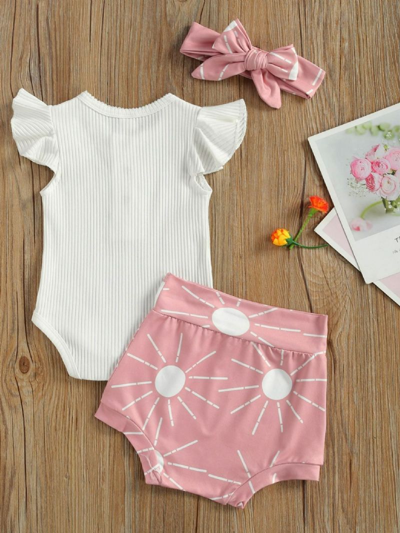 3 Stk Sløyfe Jentebaby Kortermet Romper & Sun Print Shorts