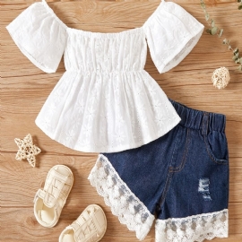 Baby Jenter Off Shoulder Blonde Topp + Denim Shorts Babyklær