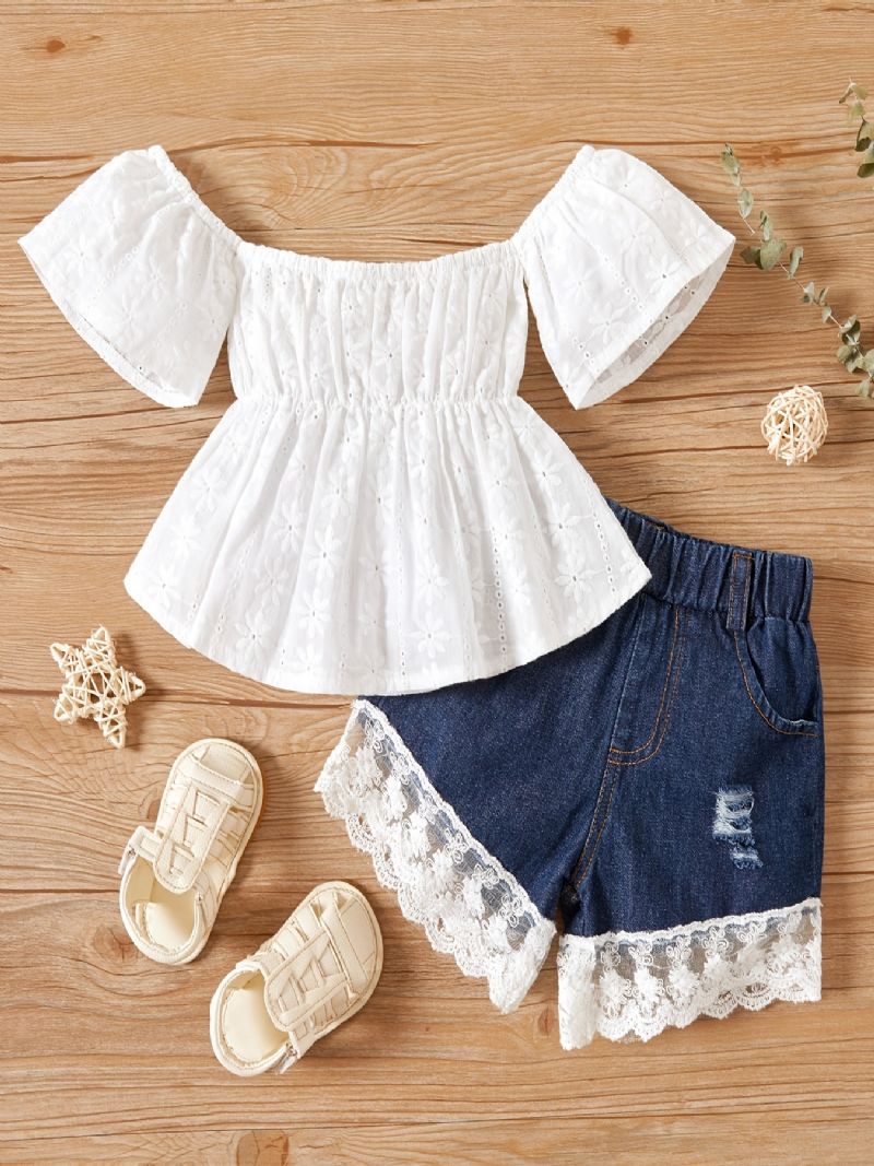 Baby Jenter Off Shoulder Blonde Topp + Denim Shorts Babyklær