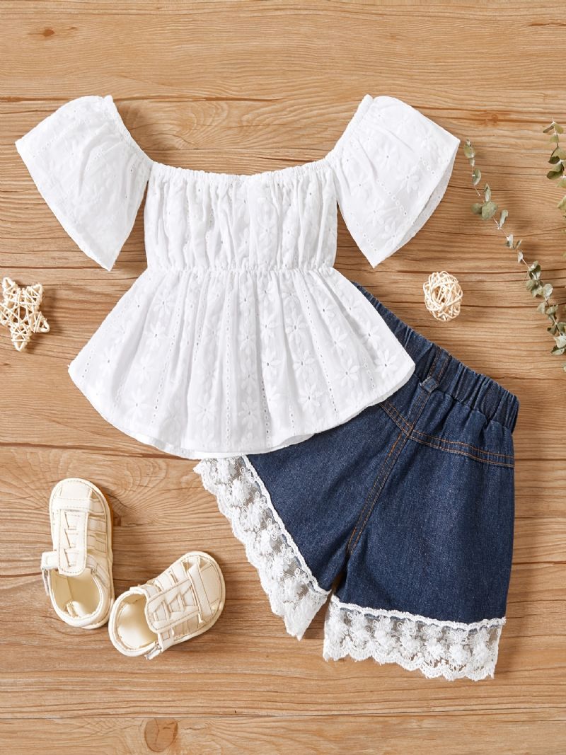 Baby Jenter Off Shoulder Blonde Topp + Denim Shorts Babyklær