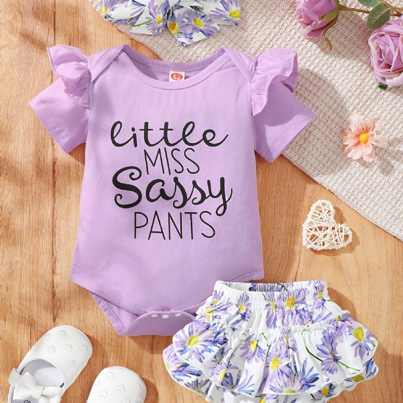 Baby Jenter Ruffle Ruff Neck Romper + Blomsterprint Underdeler Shorts + Pannebåndsett Babyklær Bodysuit Onesie