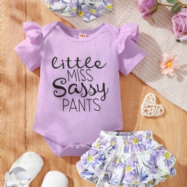 Baby Jenter Ruffle Ruff Neck Romper + Blomsterprint Underdeler Shorts + Pannebåndsett Babyklær Bodysuit Onesie