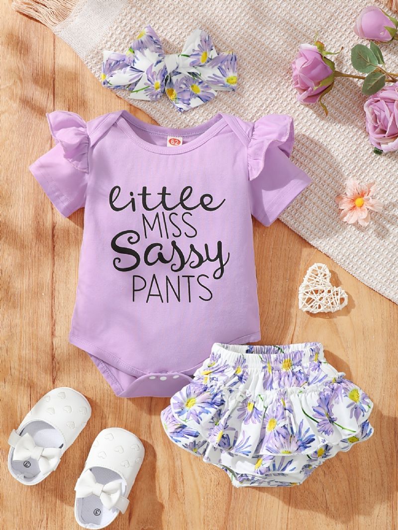 Baby Jenter Ruffle Ruff Neck Romper + Blomsterprint Underdeler Shorts + Pannebåndsett Babyklær Bodysuit Onesie