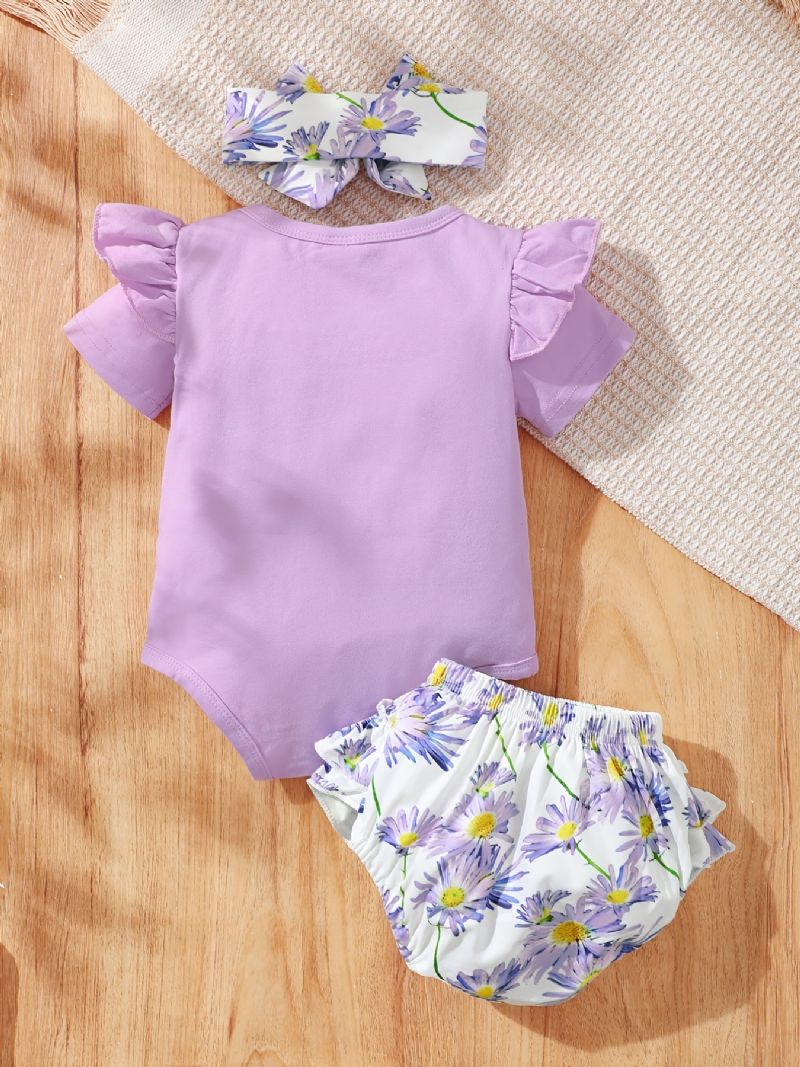 Baby Jenter Ruffle Ruff Neck Romper + Blomsterprint Underdeler Shorts + Pannebåndsett Babyklær Bodysuit Onesie