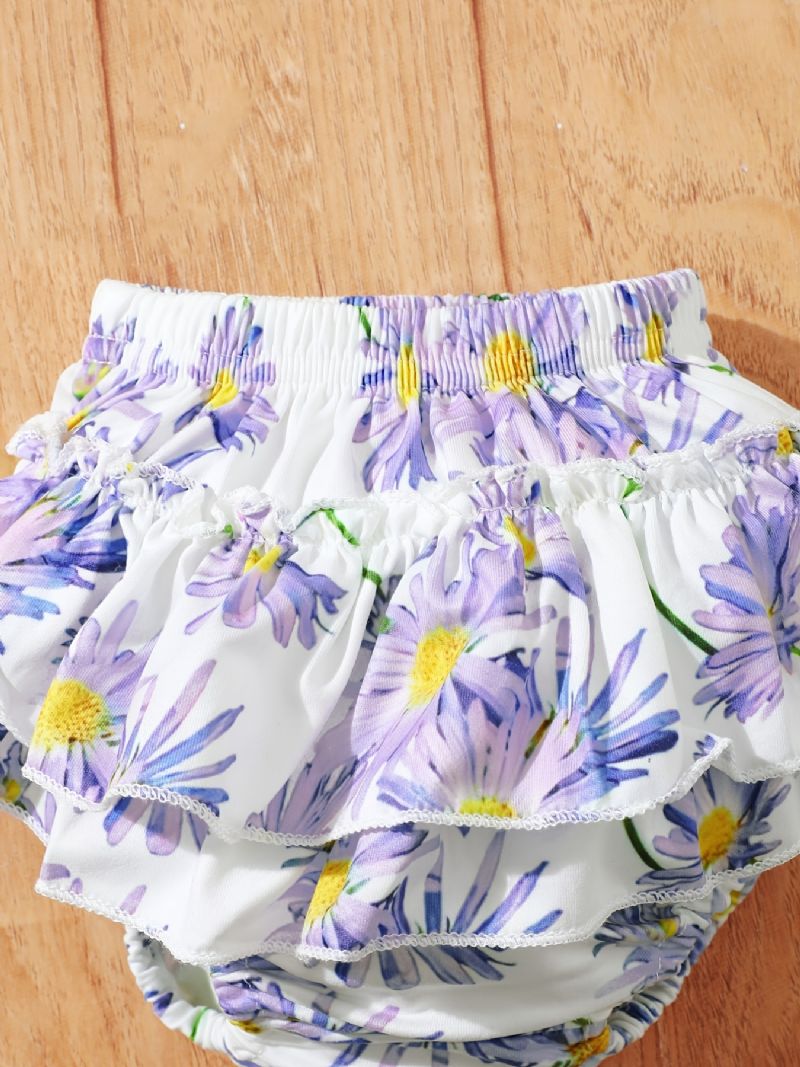 Baby Jenter Ruffle Ruff Neck Romper + Blomsterprint Underdeler Shorts + Pannebåndsett Babyklær Bodysuit Onesie