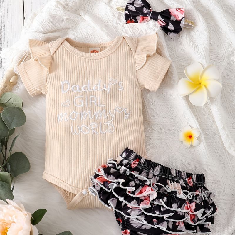 Baby Jenter Ruffle Ruff Neck Romper + Blomsterprint Underdeler Shorts + Pannebåndsett Babyklær Bodysuit Onesie