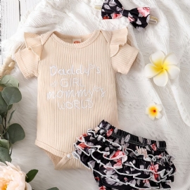 Baby Jenter Ruffle Ruff Neck Romper + Blomsterprint Underdeler Shorts + Pannebåndsett Babyklær Bodysuit Onesie