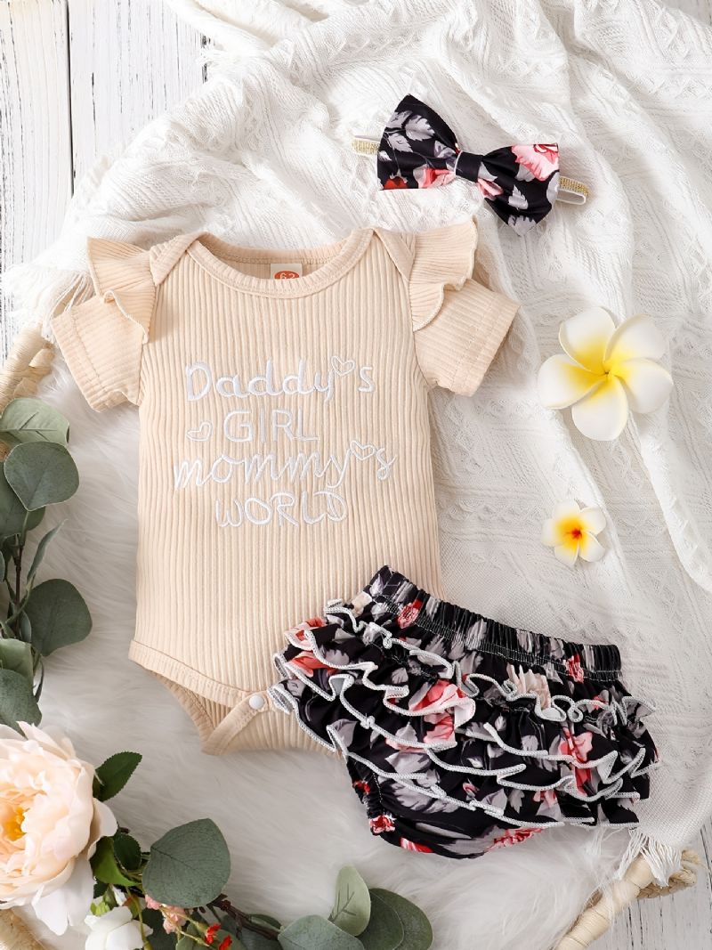 Baby Jenter Ruffle Ruff Neck Romper + Blomsterprint Underdeler Shorts + Pannebåndsett Babyklær Bodysuit Onesie