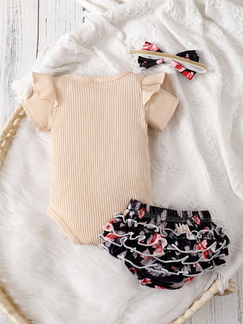 Baby Jenter Ruffle Ruff Neck Romper + Blomsterprint Underdeler Shorts + Pannebåndsett Babyklær Bodysuit Onesie