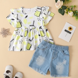 Baby Jenter Sitron Print Flying Sleeve Short Top & Denim Shorts Set Sommerantrekk Barneklær