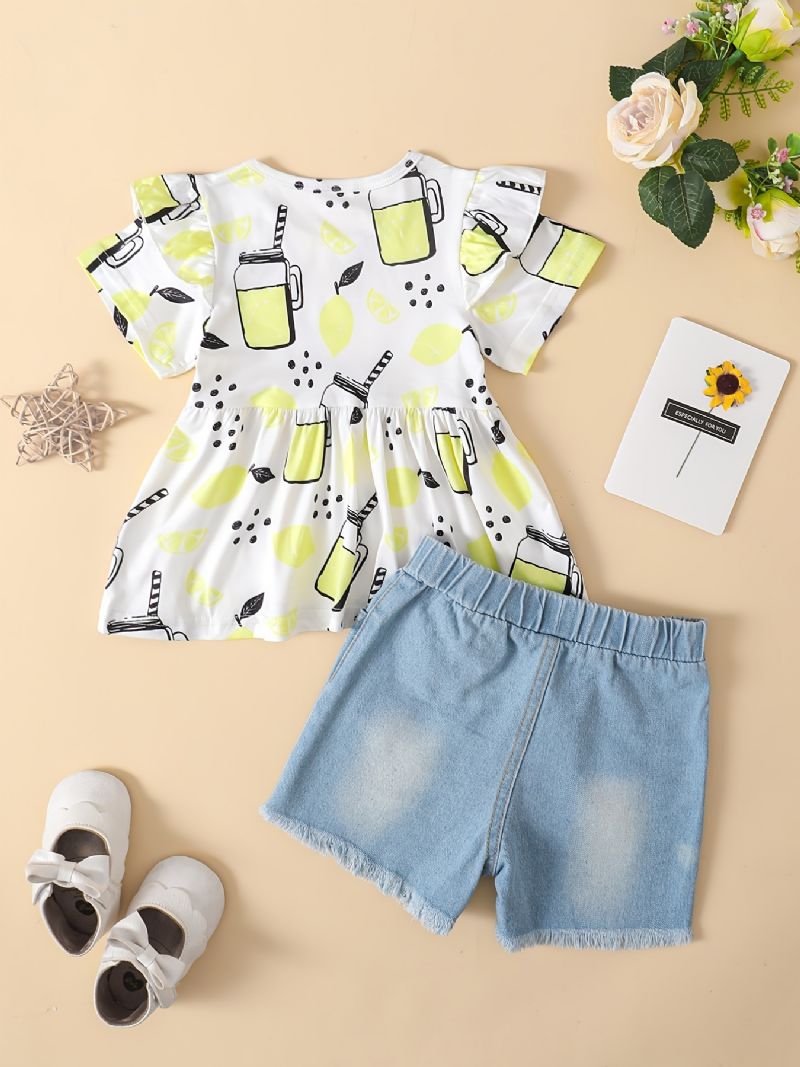 Baby Jenter Sitron Print Flying Sleeve Short Top & Denim Shorts Set Sommerantrekk Barneklær