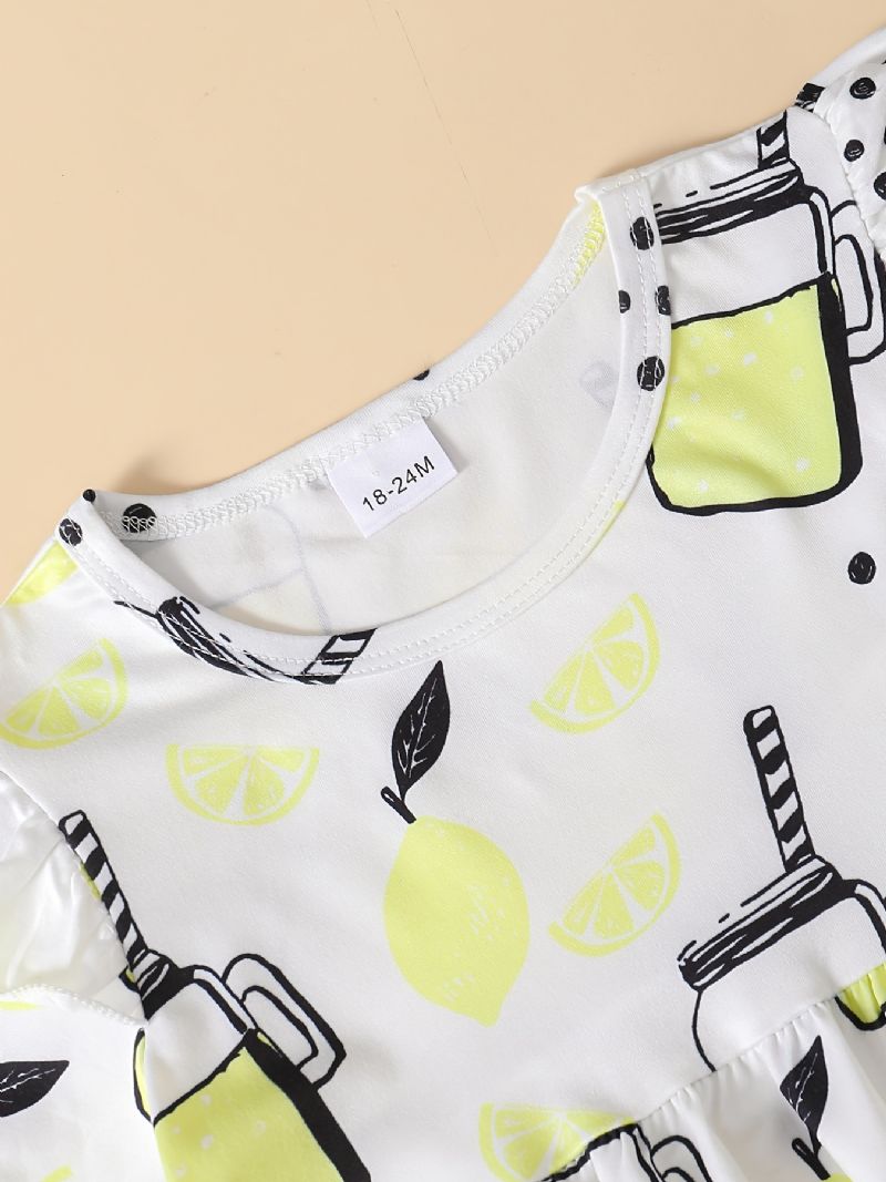 Baby Jenter Sitron Print Flying Sleeve Short Top & Denim Shorts Set Sommerantrekk Barneklær