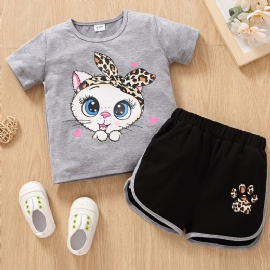 Baby Jenter Tegneserie Big Eye Cat Print T-skjorte Topp & Cat Paw Leopard Shorts Sett Sommerantrekk Barneklær
