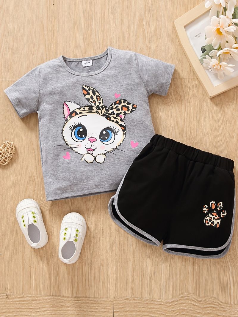 Baby Jenter Tegneserie Big Eye Cat Print T-skjorte Topp & Cat Paw Leopard Shorts Sett Sommerantrekk Barneklær