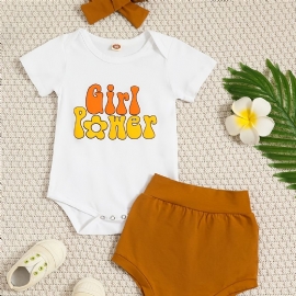 Bokstavtrykk For Spedbarn Romper Kortermet Rundhals Bodysuit & Solid Shorts & Pannebåndsett For Baby Jenter Småbarnsklær