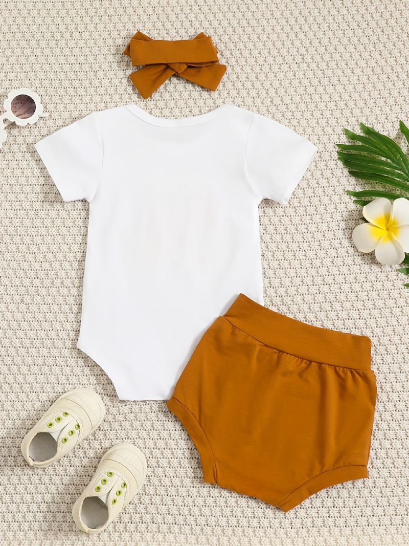 Bokstavtrykk For Spedbarn Romper Kortermet Rundhals Bodysuit & Solid Shorts & Pannebåndsett For Baby Jenter Småbarnsklær