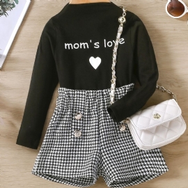 Mom's Love Print Langermet Topp Og Shorts For Små Jenter