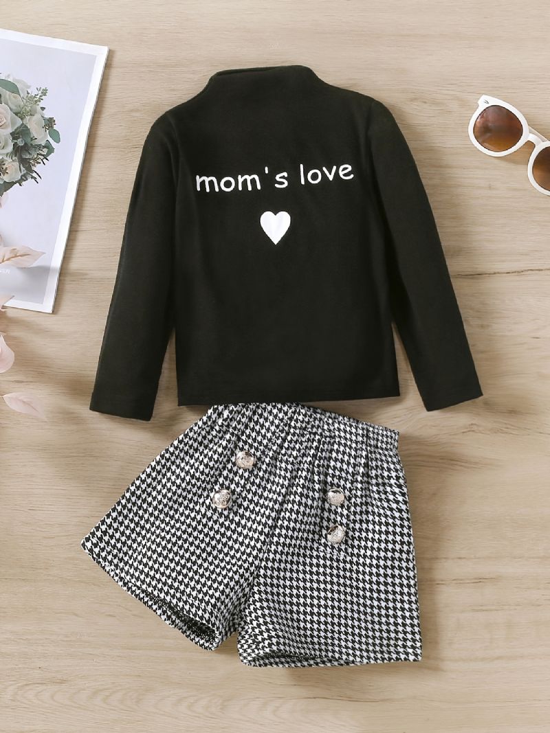 Mom's Love Print Langermet Topp Og Shorts For Små Jenter