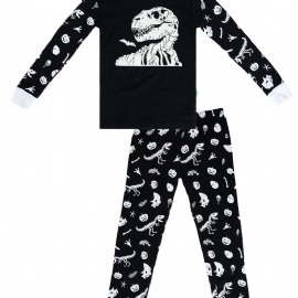 2 Stk Barn Pyjamas Glow-in-the-mørke Dinosaur Print Rund Hals Langermet Topp Og Buksesett For Gutter Jenter
