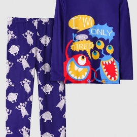2 Stk Gutter Casual Cartoon Monster Pyjamassett Med Lange Ermede Topper Og Bukser Marineblå