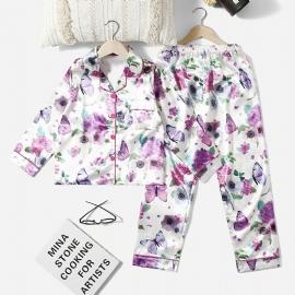 2 Stk Jentekrage Cardigan Pyjamassett Med Hvitt Blomstertrykk Lilla Sommerfugl