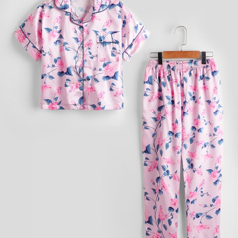 2 Stk Jenter Blomsterprint Krage Cardigan Sleeve Bukser Casual Pyjamas Sett