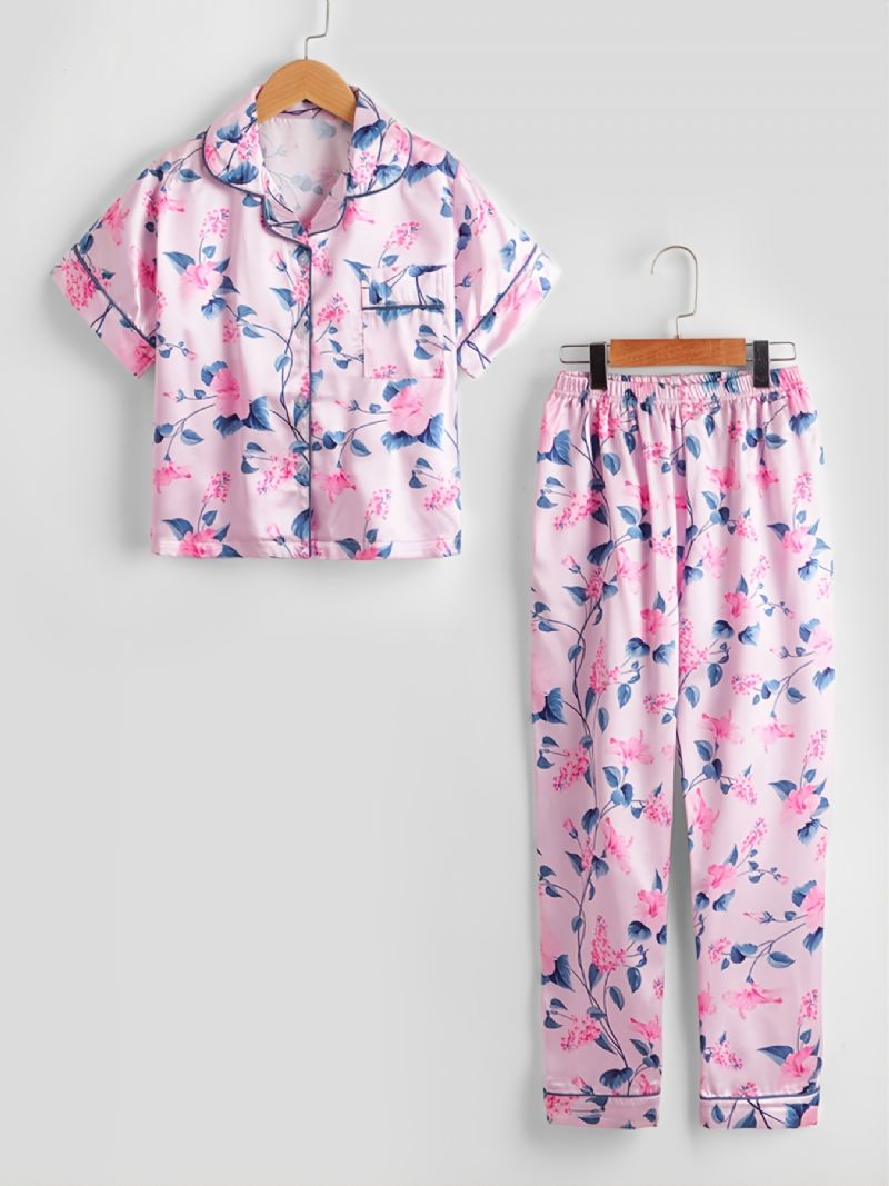 2 Stk Jenter Blomsterprint Krage Cardigan Sleeve Bukser Casual Pyjamas Sett