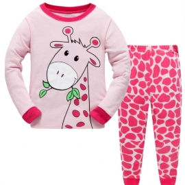 2 Stk Jenter Casual Cartoon Animal Print Crew Neck Pink Cotton Pyjamas Sets