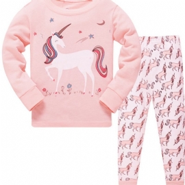 2 Stk Jenter Casual Cartoon Unicorn Print Crew Neck Pink Cotton Pyjamas Sets