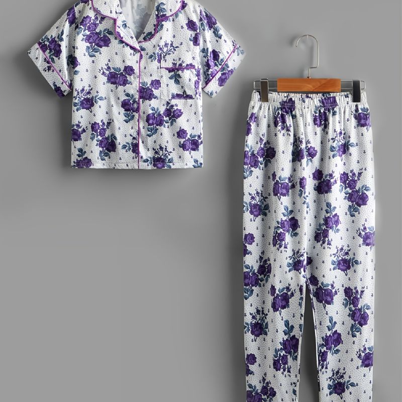 2 Stk Jenter Casual Floral Print Collared Cardigan Sleeve Bukser Pyjamassett