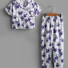 2 Stk Jenter Casual Floral Print Collared Cardigan Sleeve Bukser Pyjamassett
