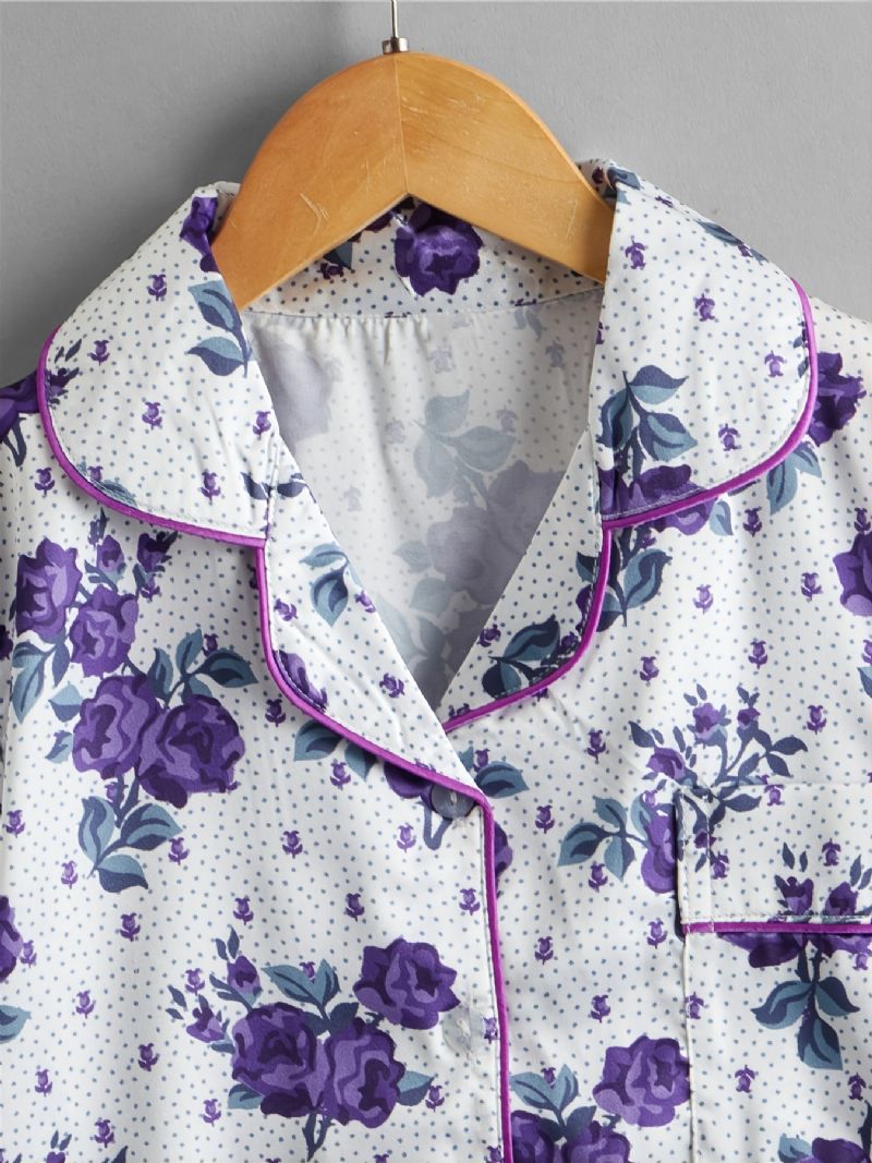 2 Stk Jenter Casual Floral Print Collared Cardigan Sleeve Bukser Pyjamassett