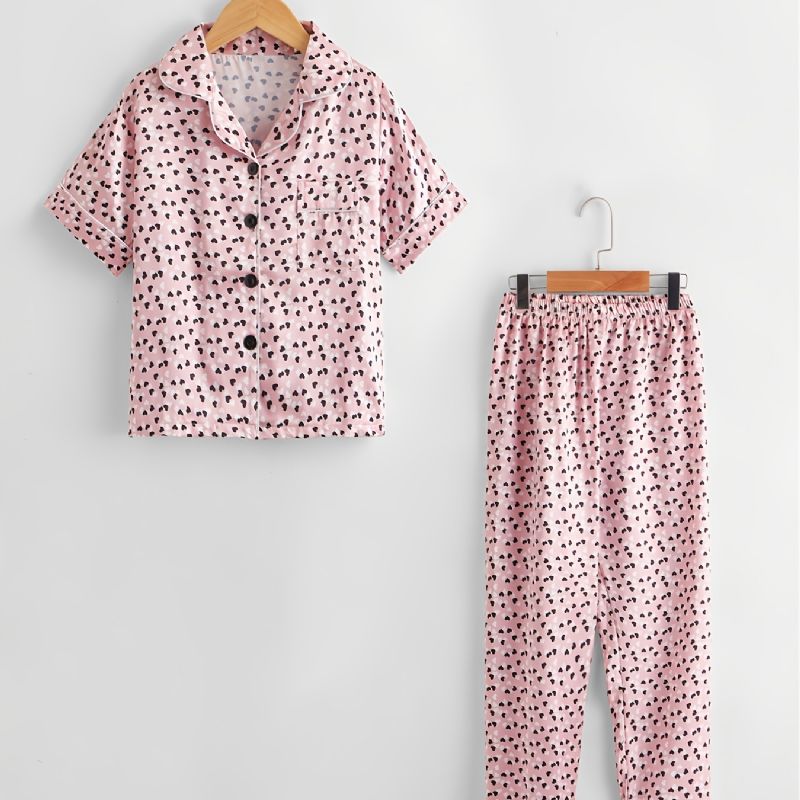 2 Stk Jenter Casual Komfortabel Rosa Love Lapel Kortermede Bukser Pyjamassett