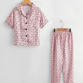 2 Stk Jenter Casual Komfortabel Rosa Love Lapel Kortermede Bukser Pyjamassett