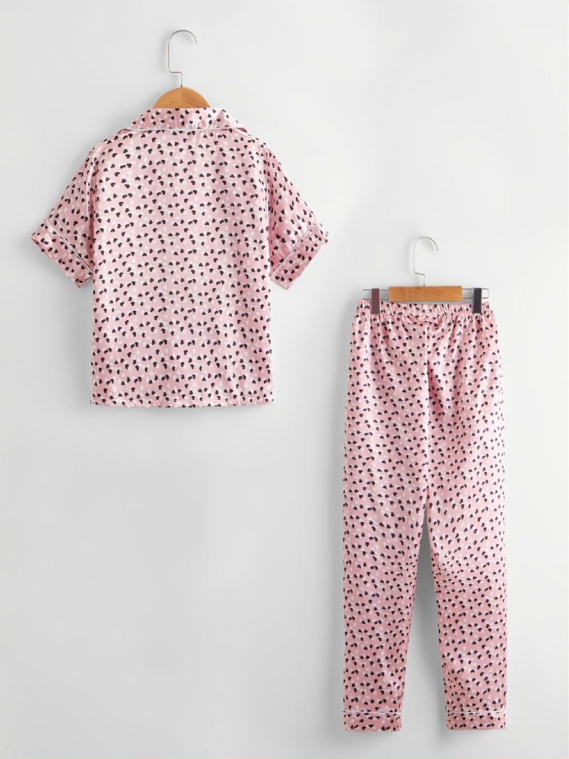 2 Stk Jenter Casual Komfortabel Rosa Love Lapel Kortermede Bukser Pyjamassett