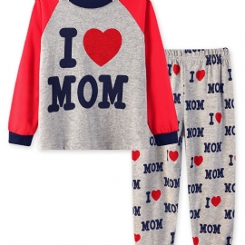 2 Stk Jenter Enkel Uformell Pyjamassett Med Rund Hals Langermede Topper Og Bukser Med 'i Love Mom'-trykk For Vinteren