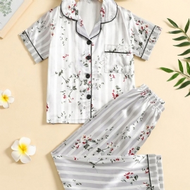 2 Stk Jenter Plante Blomstermønster Lapel Neck Button Front Pyjamas Set