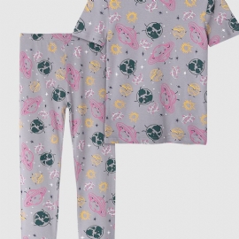 2 Stk Jenter Søt Tegneserie Planet Print Pyjamassett Med Kortermede Topper Og Bukser