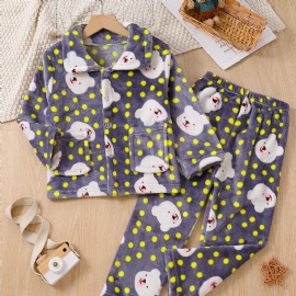 2 Stk Ny Høst Og Vinter Gutter Og Jenter Fortykket Flanell Cardigan Dot Bear Print Pyjamassett