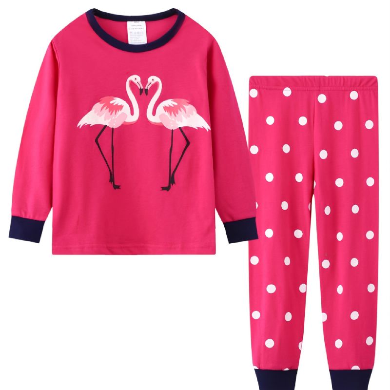 2 Stk Småbarn Jenter Flamingo Print Bomull Sweatshirt Med Rund Hals Pyjamassett