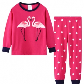 2 Stk Småbarn Jenter Flamingo Print Bomull Sweatshirt Med Rund Hals Pyjamassett