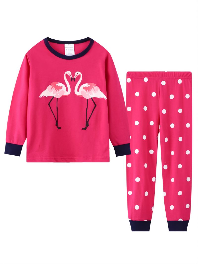 2 Stk Småbarn Jenter Flamingo Print Bomull Sweatshirt Med Rund Hals Pyjamassett