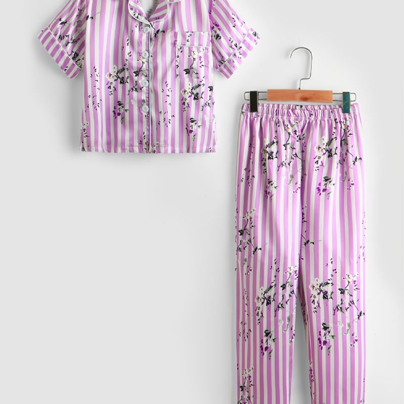 2 Stk Småbarn Jenter Rosa Stripete Ditsy Blomsterkrage Ermebukser Uformelt Pyjamassett P119-2