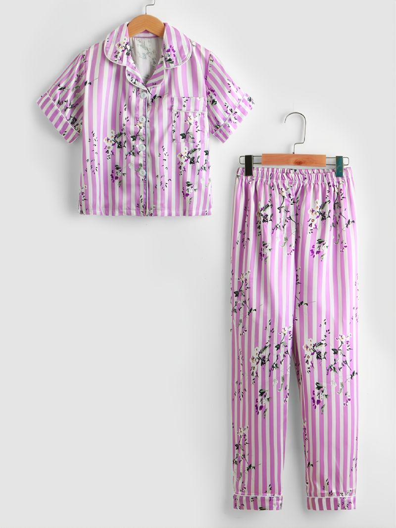 2 Stk Småbarn Jenter Rosa Stripete Ditsy Blomsterkrage Ermebukser Uformelt Pyjamassett P119-2