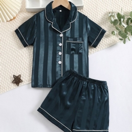 2stk Gutter Striped Pattern Satin Lapel Neck Pyjamassett