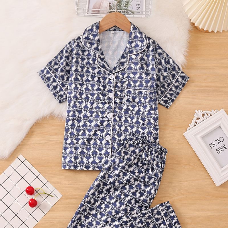 2stk Jenter Geometrisk Print Mønster Lapel Neck Satin Pyjamas Set