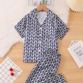 2stk Jenter Geometrisk Print Mønster Lapel Neck Satin Pyjamas Set