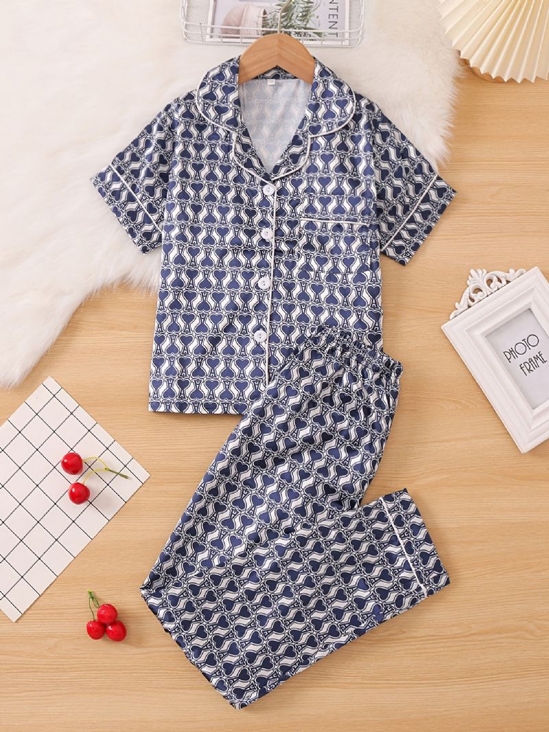 2stk Jenter Geometrisk Print Mønster Lapel Neck Satin Pyjamas Set